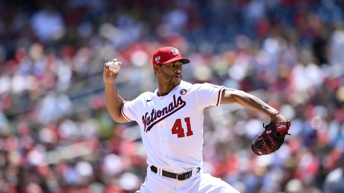 The Washington Nationals' Joe Ross delivers a pitch against the Dodgers on July 4, 2021, in Washington.