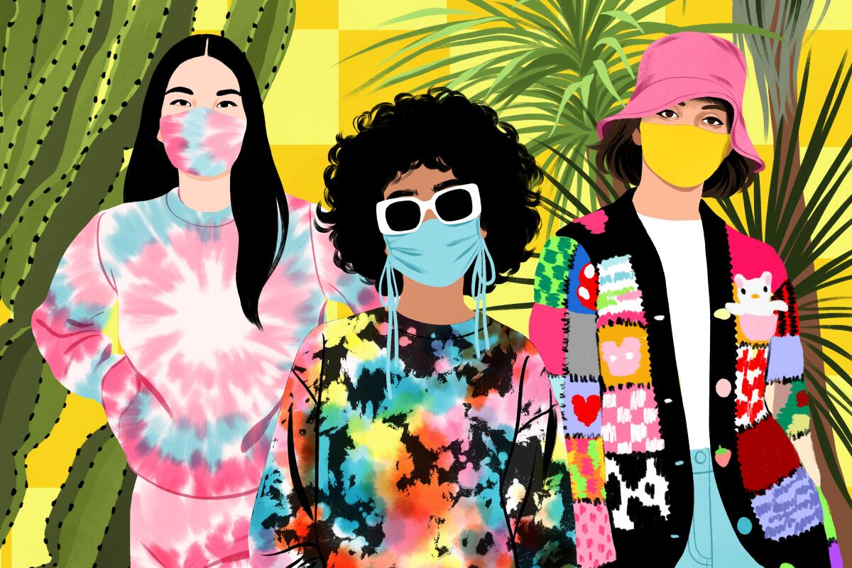 An illustration of three women wearing tie-dye, a crocheted sweater and masks.