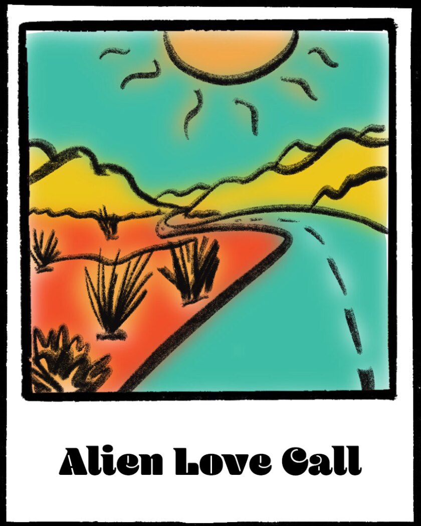 Illustration of a Polaroid photo of a mountainside road with the words "Alien Love Call."