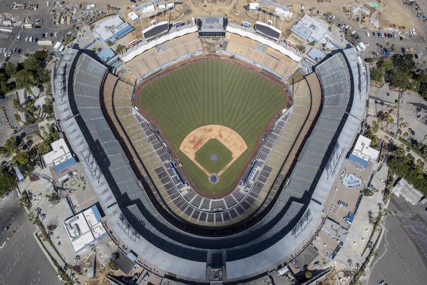 LOS ANGELES, CA, WEDNESDAY MARCH 25, 2020 - Aerial views of Dodger Stadium a day before the Major League season opening game was to be played. (Robert Gauthier/Los Angeles Times)