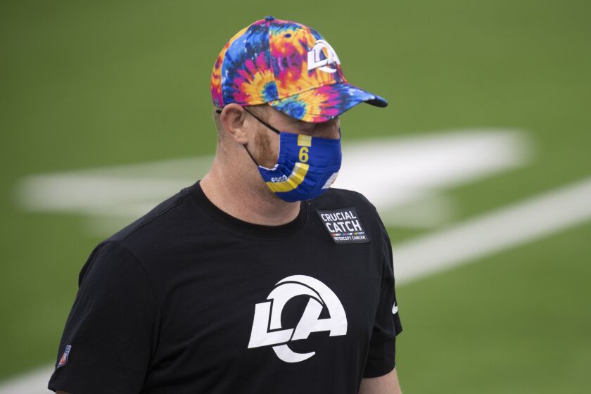 Los Angeles Rams punter Johnny Hekker warms up with FOCO mask on before an NFL football game against the Chicago Bears Monday, Oct. 26, 2020, in Inglewood, Calif. (AP Photo/Kyusung Gong)