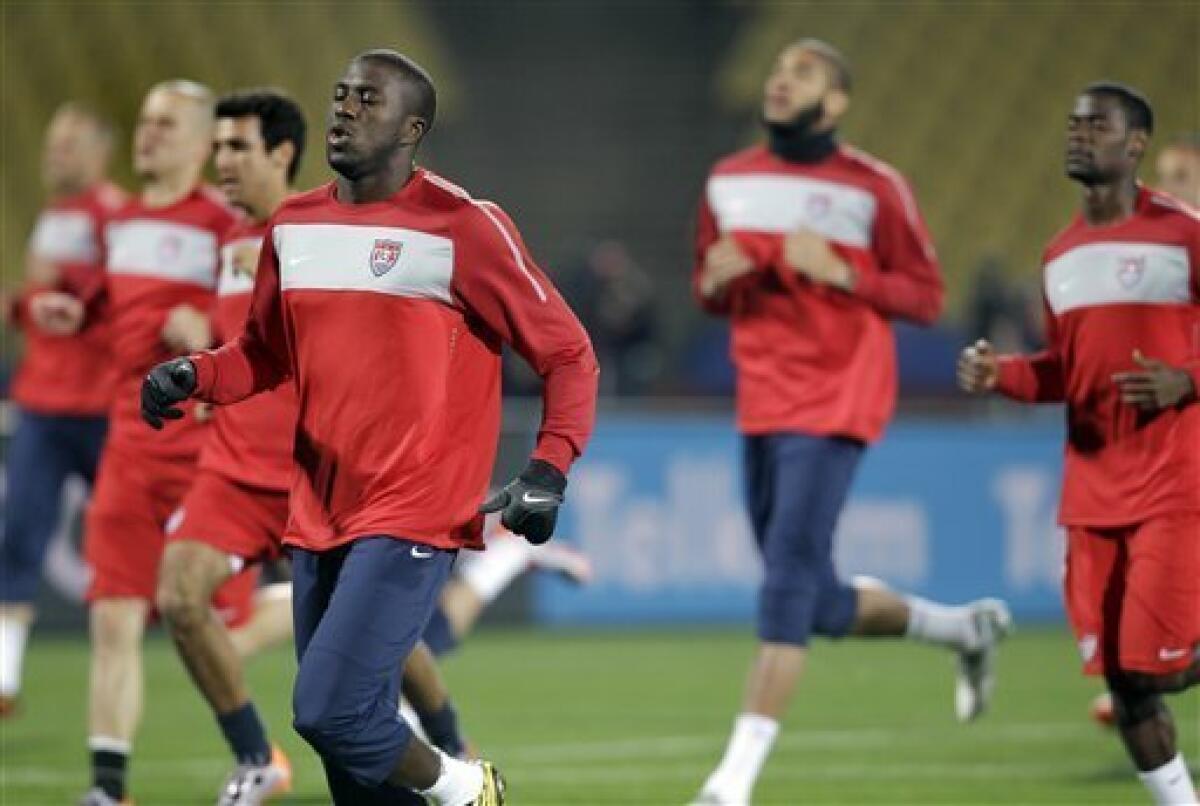 U.S. national soccer players, including Jozy Altidore, front, train at Royal Bafokeng Stadium in Rustenburg, South Africa, Friday, June 11, 2010. The U.S. will play England in a soccer World Cup Group C match on Saturday. (AP Photo/Elise Amendola)
