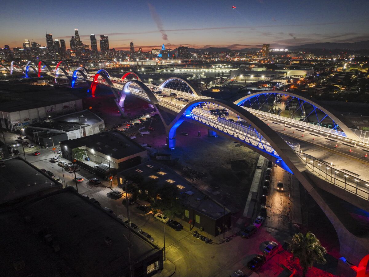 The new 6th Street Viaduct during a dusk ceremony marking its completion on July 8. 
