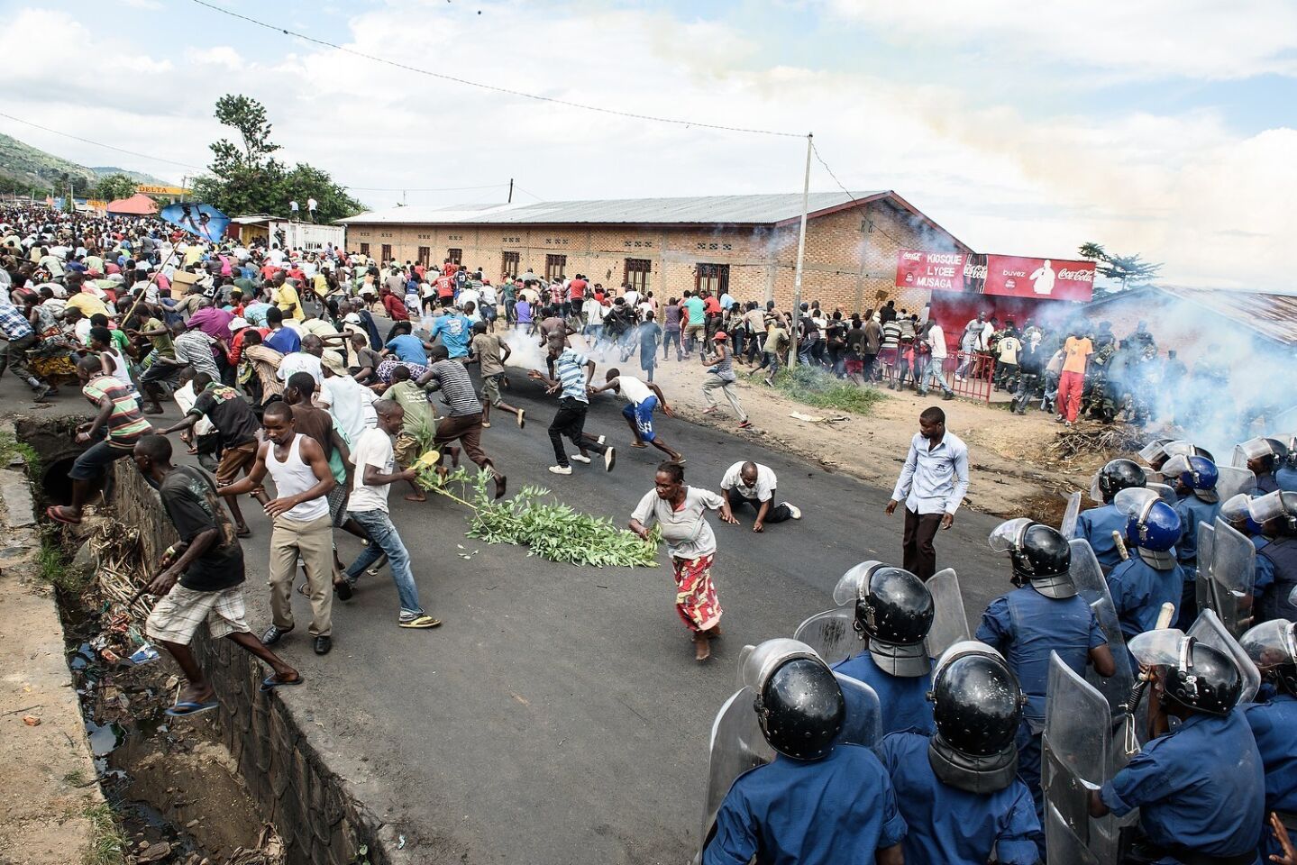Soldiers and police face protesters during a demonstration against Burundi President Pierre Nkurunziza's bid for a third term in Bujumbura.