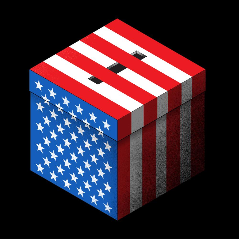 Illustration of a ballot box with U.S. flag design. The red stripes are blocking the slot of the ballot box