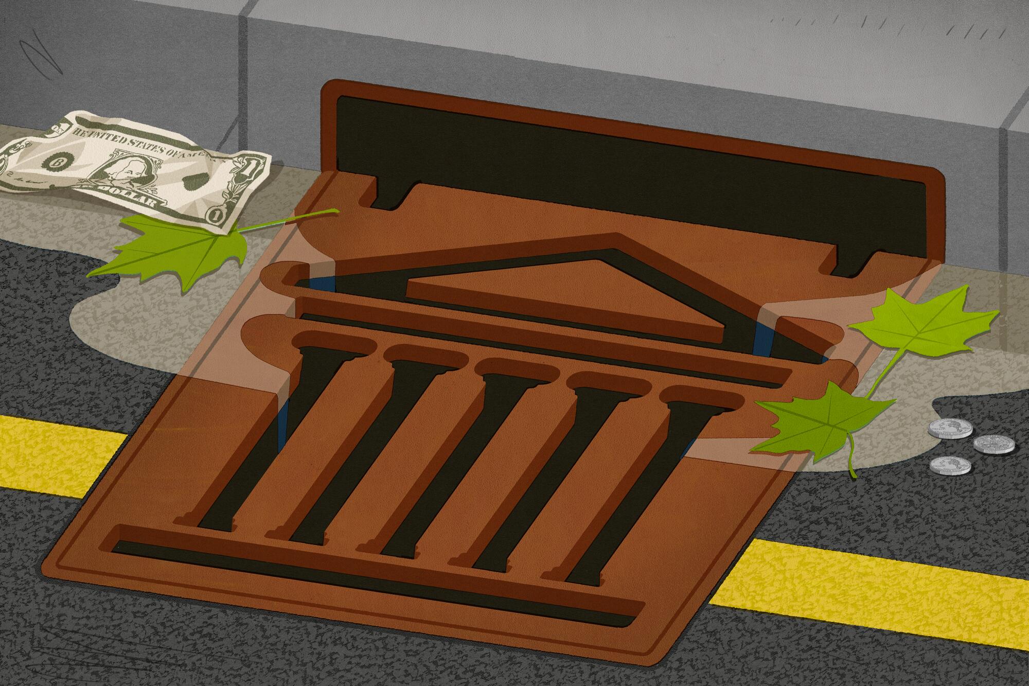 Illustration of a storm drain with a bank icon in the grate. Muddy water and some money is dripping into the drain.