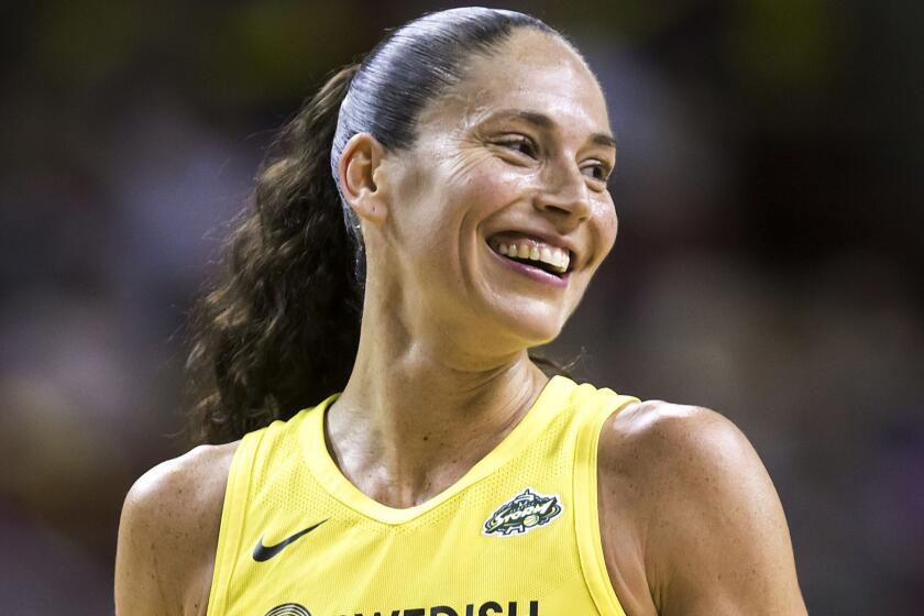 Seattle Storm guard Sue Bird laughs between plays during a WNBA basketball game against the Washington Mystics, Sunday, July 8, 2018, in Seattle. Seattle won 97-91. (Bettina Hansen/The Seattle Times via AP)
