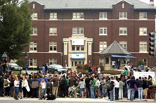 Gallaudet University students block the main entrance to campus during a protest.