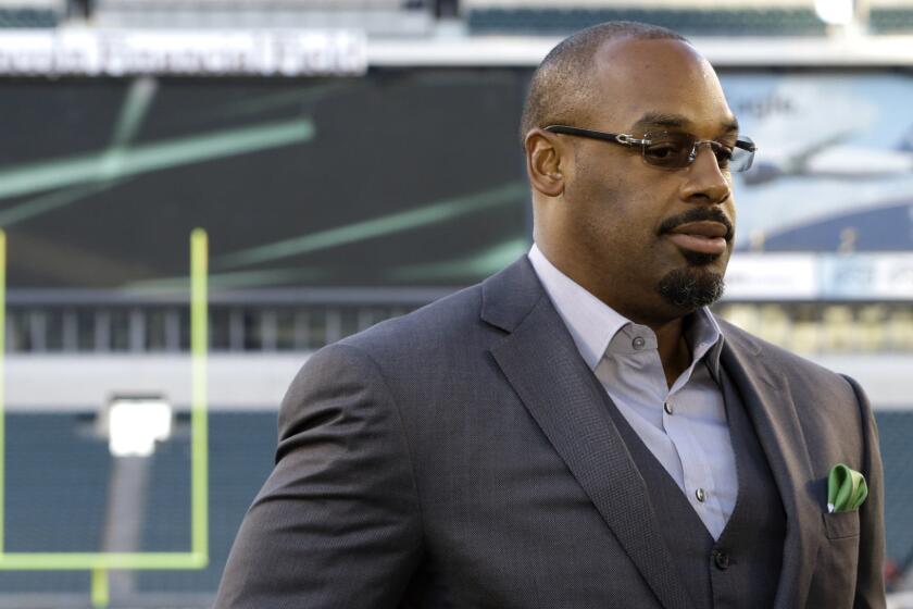 Former Philadelphia Eagles quarterback Donovan McNabb during a television interview before a game between the Kansas City Chiefs and Eagles in Philadelphia on Sept. 19, 2013.