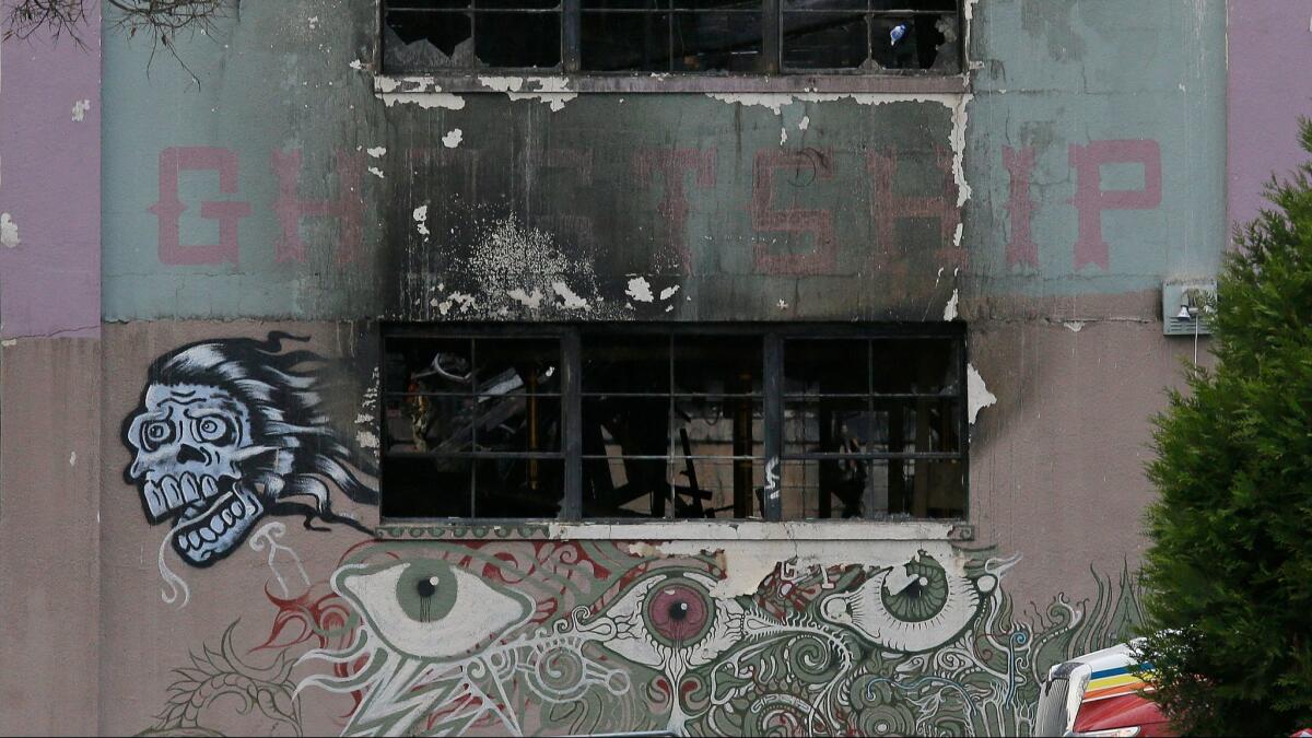 The front of the Ghost Ship warehouse in Oakland, damaged by a deadly fire.