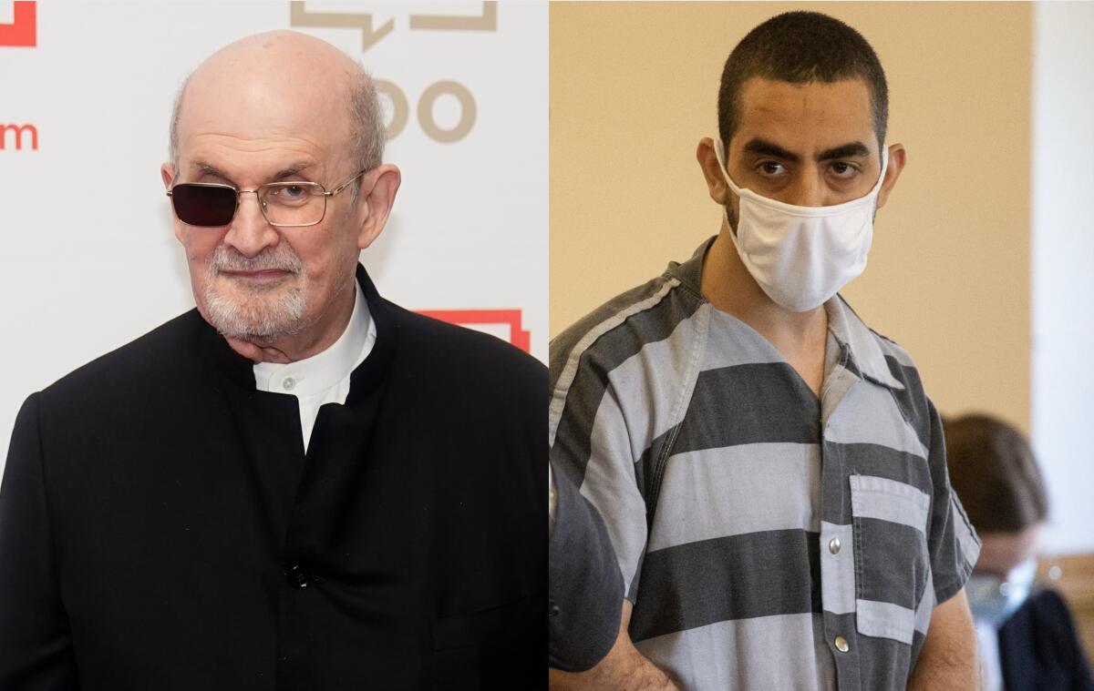 Two images show Salman Rushdie in a black coat and glasses with one lens blacked out and a man in a striped top and mask