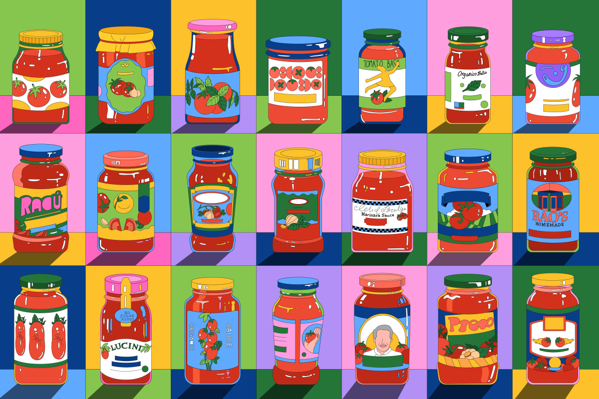 Colorful jars of pasta sauce
