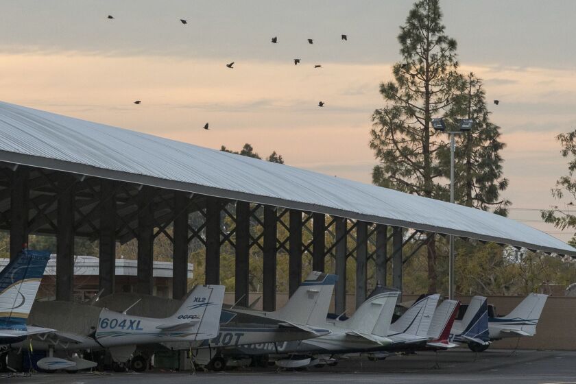 Crows fly over the runway at John Wayne Airport on Wednesday, March 7.