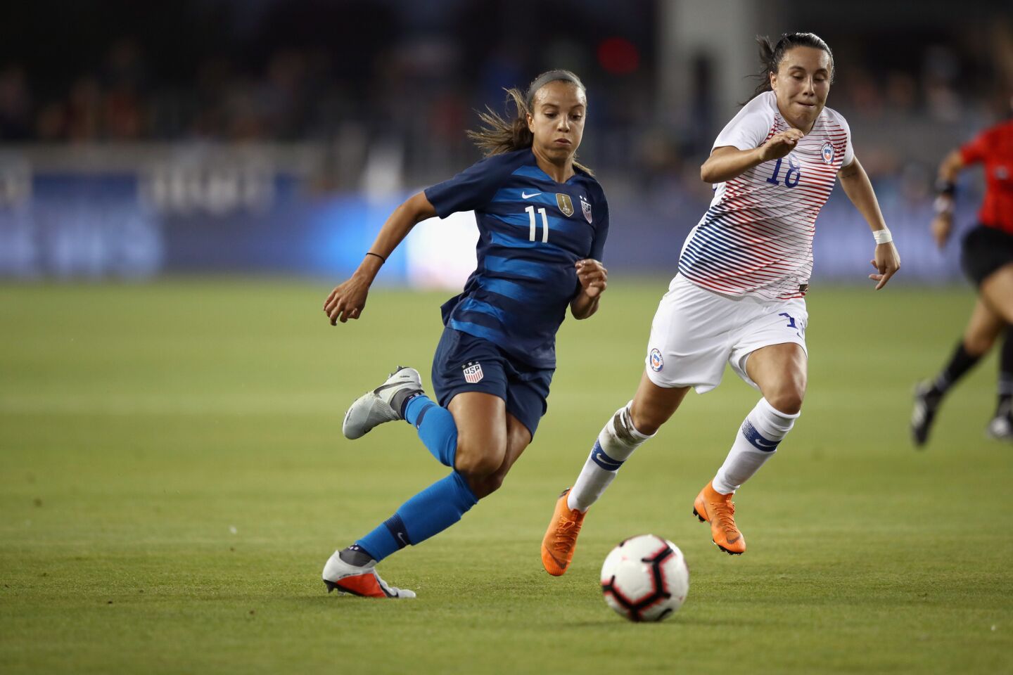SAN JOSE, CA - SEPTEMBER 04: Mallory Pugh of the United States dribbles away from Camila Saez of Chile during their match at Avaya Stadium on September 4, 2018 in San Jose, California. (Photo by Ezra Shaw/Getty Images) ** OUTS - ELSENT, FPG, CM - OUTS * NM, PH, VA if sourced by CT, LA or MoD **