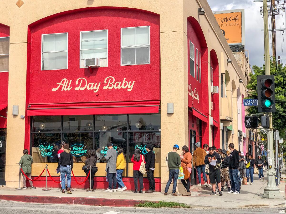 The line outside All Day Baby in Silver Lake on March 17, 2020. 