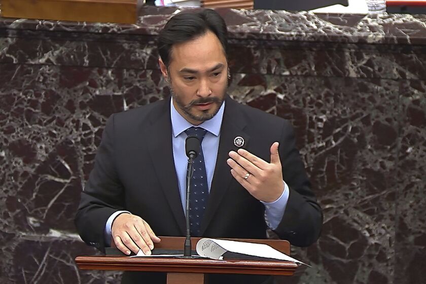 FILE - In this image from video on Feb. 12, 2021, House impeachment manager Rep. Joaquin Castro, D-Texas, answers a question from a senator during the second impeachment trial of former President Donald Trump in the Senate at the U.S. Capitol in Washington. Latinos are perpetually absent in major newsrooms, Hollywood films and other media industries where their portrayals_ or lack thereof_ could deeply impact how their fellow Americans view them, according to a government report released Tuesday, Sept. 21. Castro has made the inclusion of Latinos in media a principal issue, imploring Hollywood studio directors, journalism leaders and book publishers to include their perspectives. (Senate Television via AP)