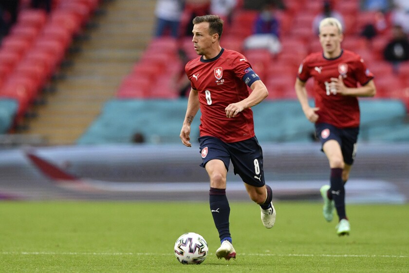 Czech Republic's Vladimir Darida runs with the ball during the Euro 2020 soccer championship group D match between the Czech Republic and England at Wembley stadium in London, Tuesday, June 22, 2021. (Justin Tallis, Pool photo via AP)