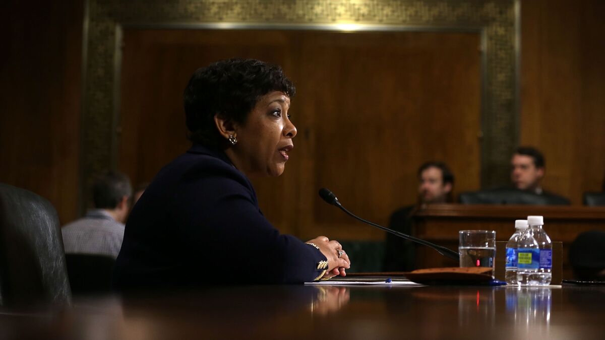 Atty. Gen. Loretta Lynch testifies during a March 9 hearing before the Senate Judiciary Committee in Washington.