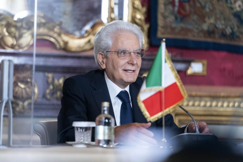 FILE - Italian President Sergio Mattarella speaks during a meeting with Secretary of State Antony Blinken at Quirinale Palace in Rome, Monday, June 28, 2021. Mattarella has been elected to a second seven-year term as the country’s head of state, ending days of political impasse as party leaders struggled to pick his successor. Earlier on Saturday, lawmakers entreated Mattarella, 80, who had said he didn’t want a second mandate, to change his mind and agree to reelection by lawmakers in Parliament and regional delegates. (AP Photo/Andrew Harnik, Pool, File)