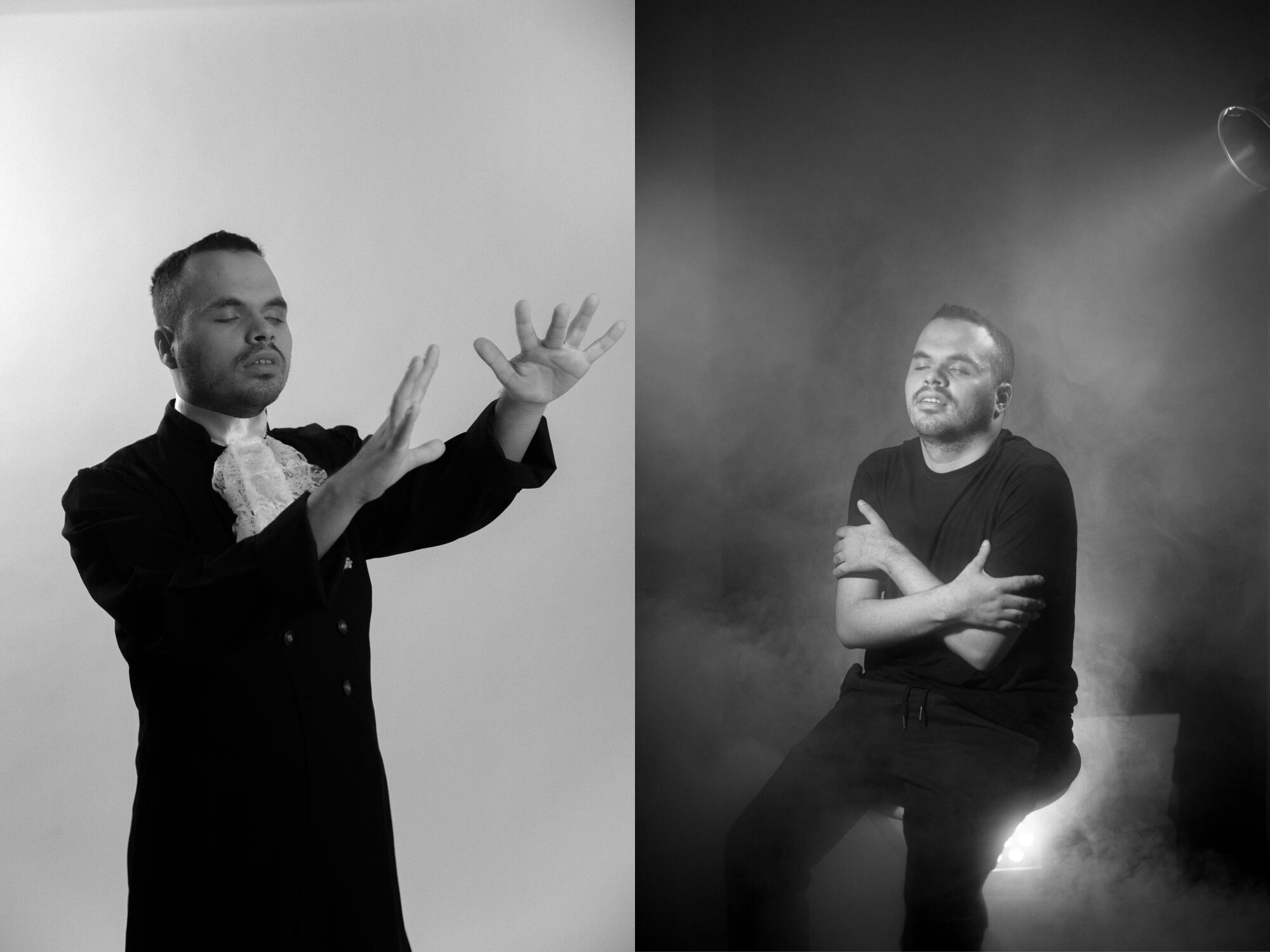 A split image shows a man in costume reaching out his hands, left, and crossing his arms in a cloud of mist, right.