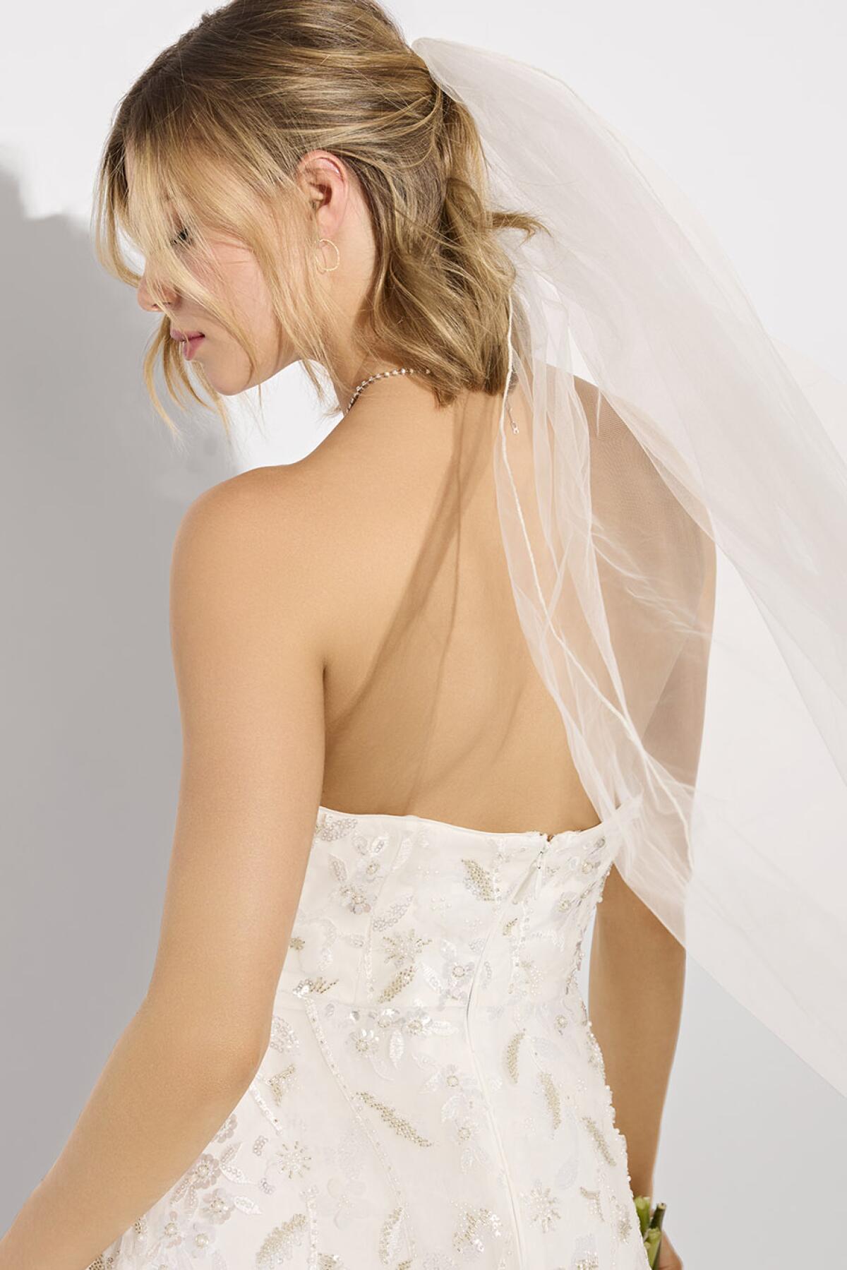 A back view of a MILLY bridal dress and veil.