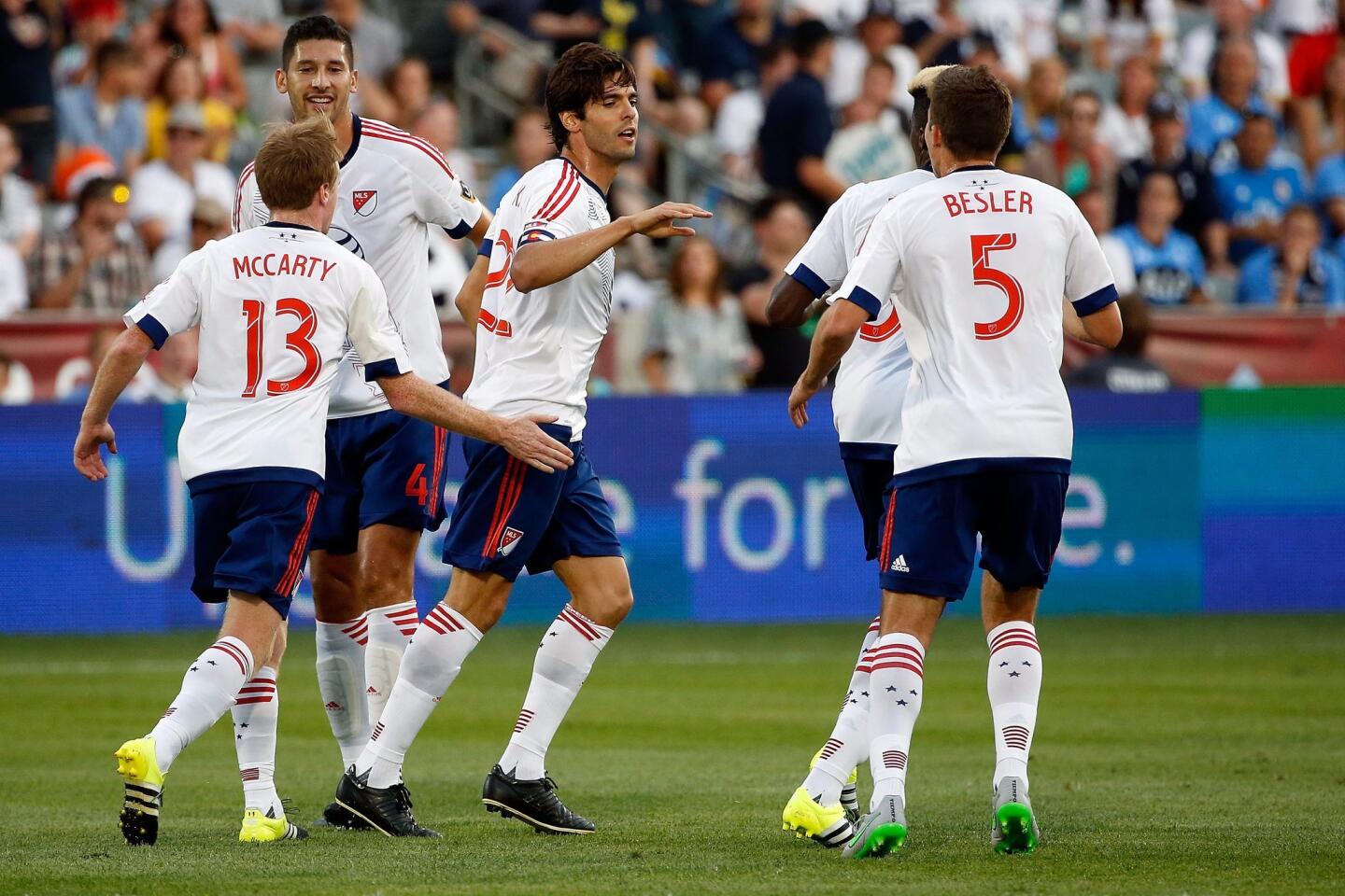 COMMERCE CITY, CO - JULY 29: Kaka #22 of MLS All-Stars celebrates after striking a penalty kick for a goal in the 20th minute to take a 1-0 lead over the Tottenham Hotspur during the 2015 AT&T Major League Soccer All-Star game at Dick's Sporting Goods Park on July 29, 2015 in Commerce City, Colorado. The MLS All-Stars defeated Tottenham Hotspur 2-1. (Photo by Doug Pensinger/Getty Images) ** OUTS - ELSENT, FPG - OUTS * NM, PH, VA if sourced by CT, LA or MoD **