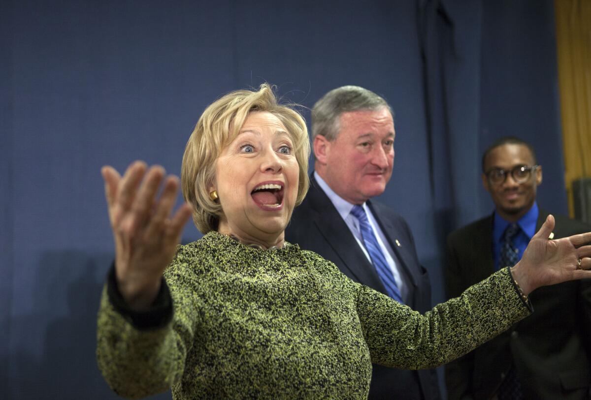 Hillary Clinton greets people after a round-table discussion with Mayor Jim Kenney in Philadelphia. The Pennsylvania Democratic primary is set for April 26, a week after the crucial election in New York.