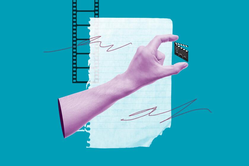 collage with a hand pinching a tiny movie clapper board