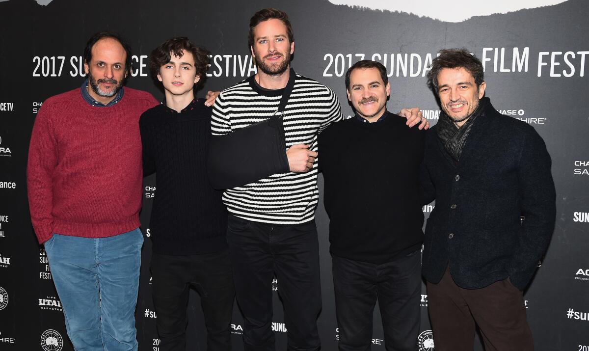Flimmaker Luca Guadagnino, left, with Timothee Chalamet, Armie Hammer, Michael Stuhlbarg and Walter Fasano at the premiere of "Call Me by Your Name" at the 2017 Sundance Film Festival.