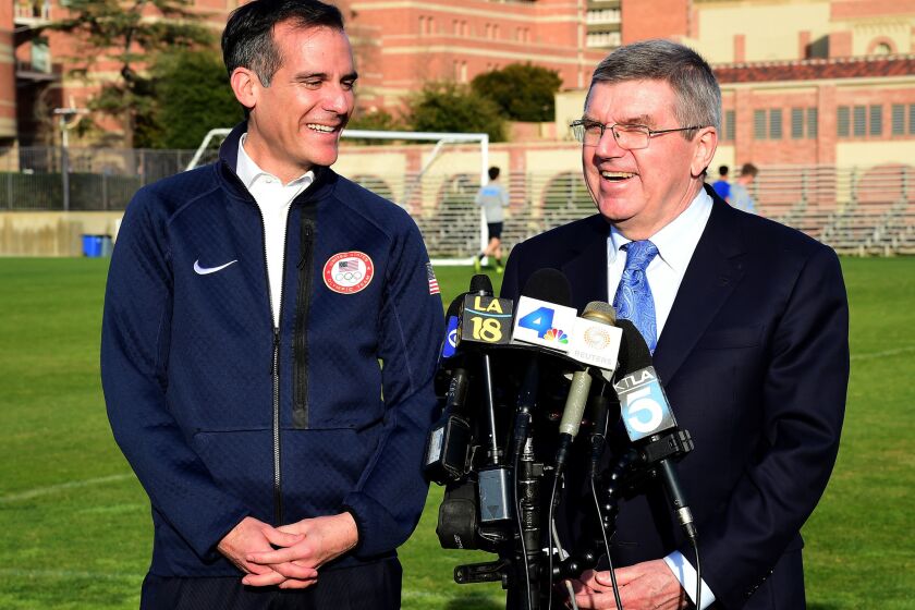 Mayor Eric Garcetti and International Olympic Committee President Thomas Bach at UCLA campus for the LA 2024 Olympic bid at UCLA on Feb. 1.
