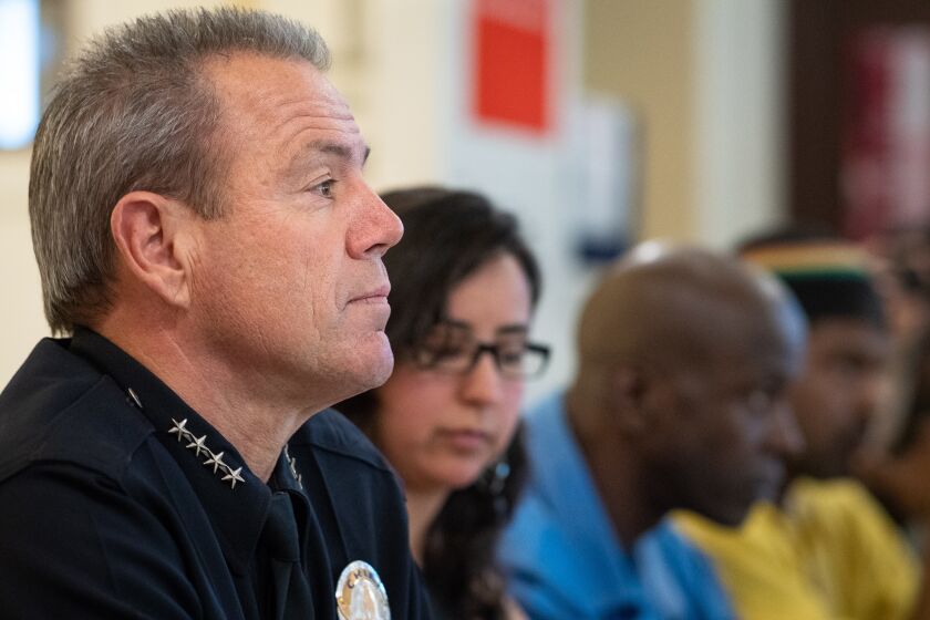 LOS ANGELES, CA - JULY 12, 2018: New LAPD Chief Michel Moore meets with local community organizations and faith-based groups at Dolores Mission to answer policing questions. (Michael Owen Baker / For The Times)