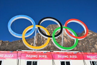 A general view of Olympic Rings at the National Alpine Skiing Centre in Yanqing.