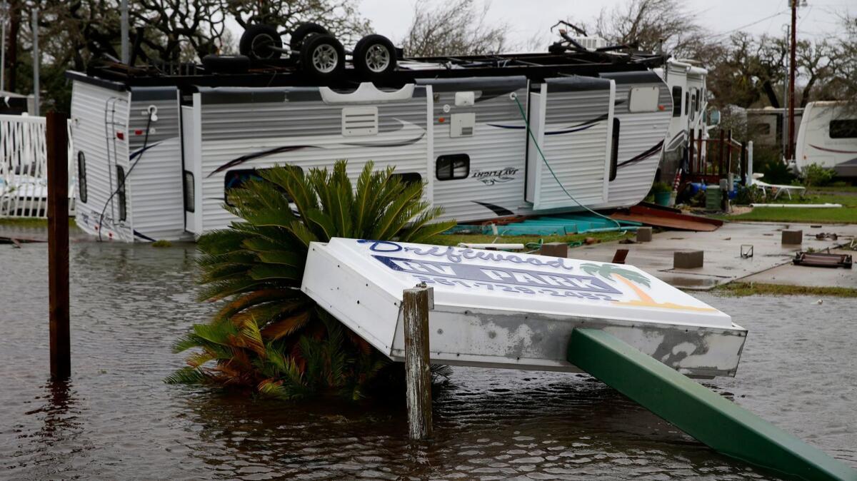Motor homes are left strewn about the Driftwood RV Park the day after Hurricane Harvey struck Rockport, Texas. (Robert Gauthier / Los Angeles Times)