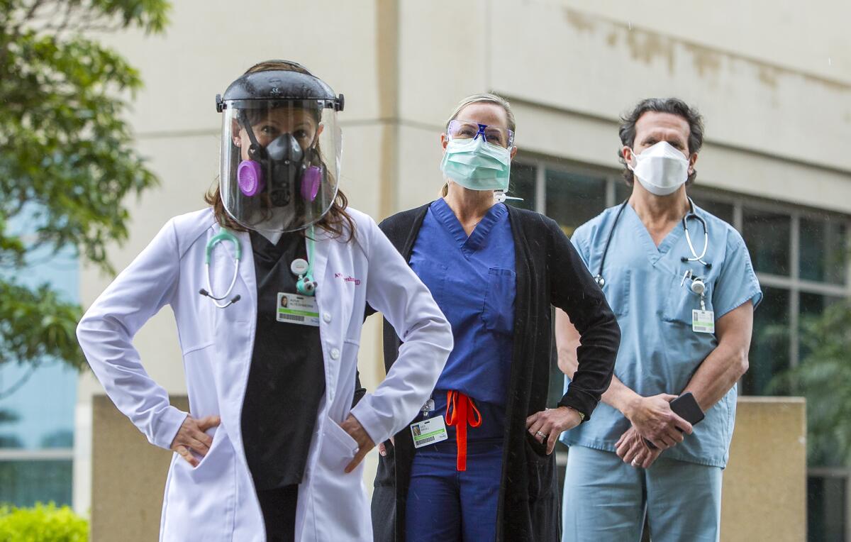 Dr. Aviva Alyeshmerni, left, Dr. Gigi Kroll, center, and Dr. Steven Abelowitz, right, have all called for a mandatory mask policy for everyone interacting with patients at Hoag Memorial Hospital Presbyterian.