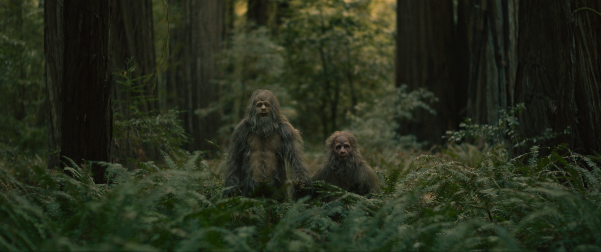 Sasquatch creatures gather in a forest.