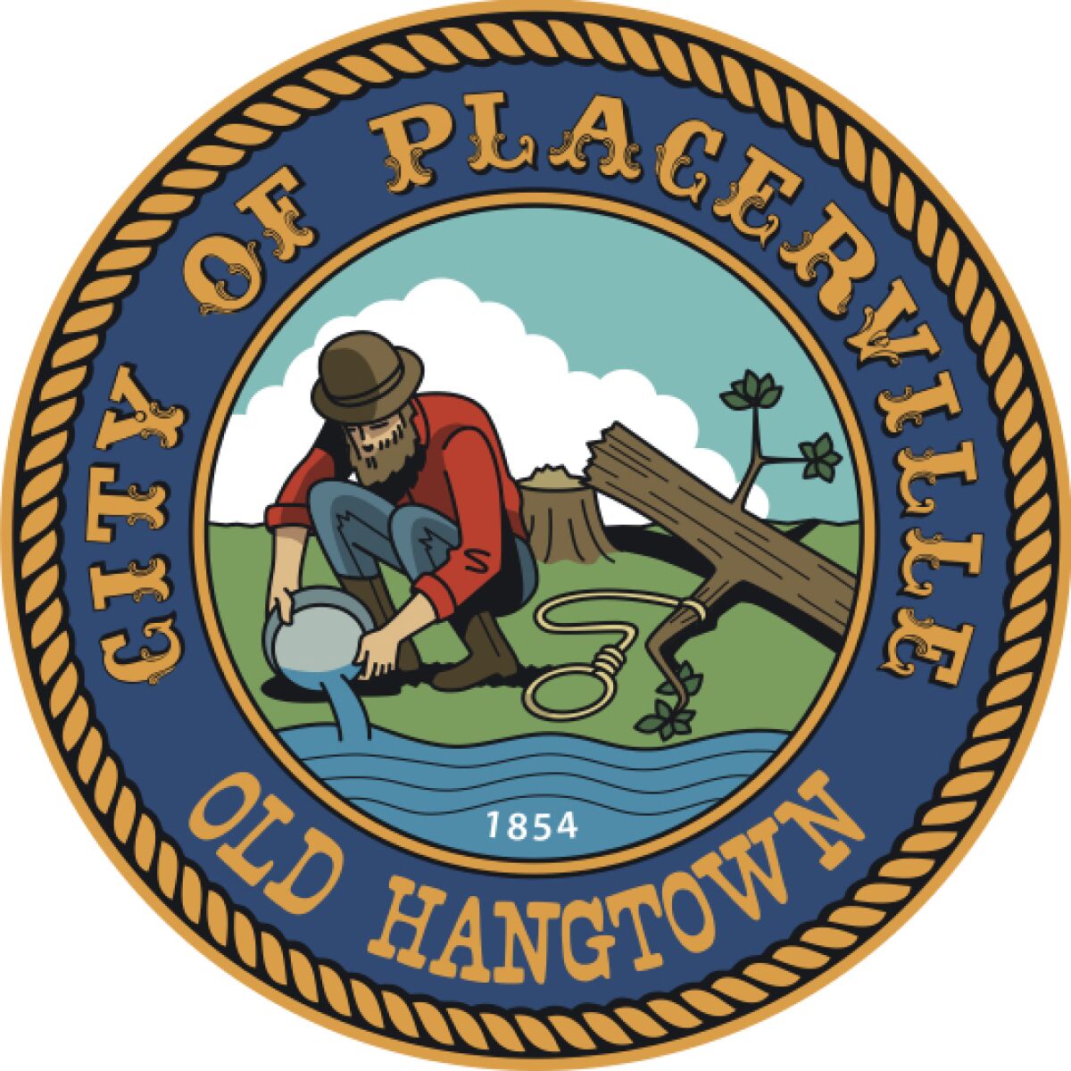 An altered version of Placerville's city logo shows the logo with the lynching tree chopped down.