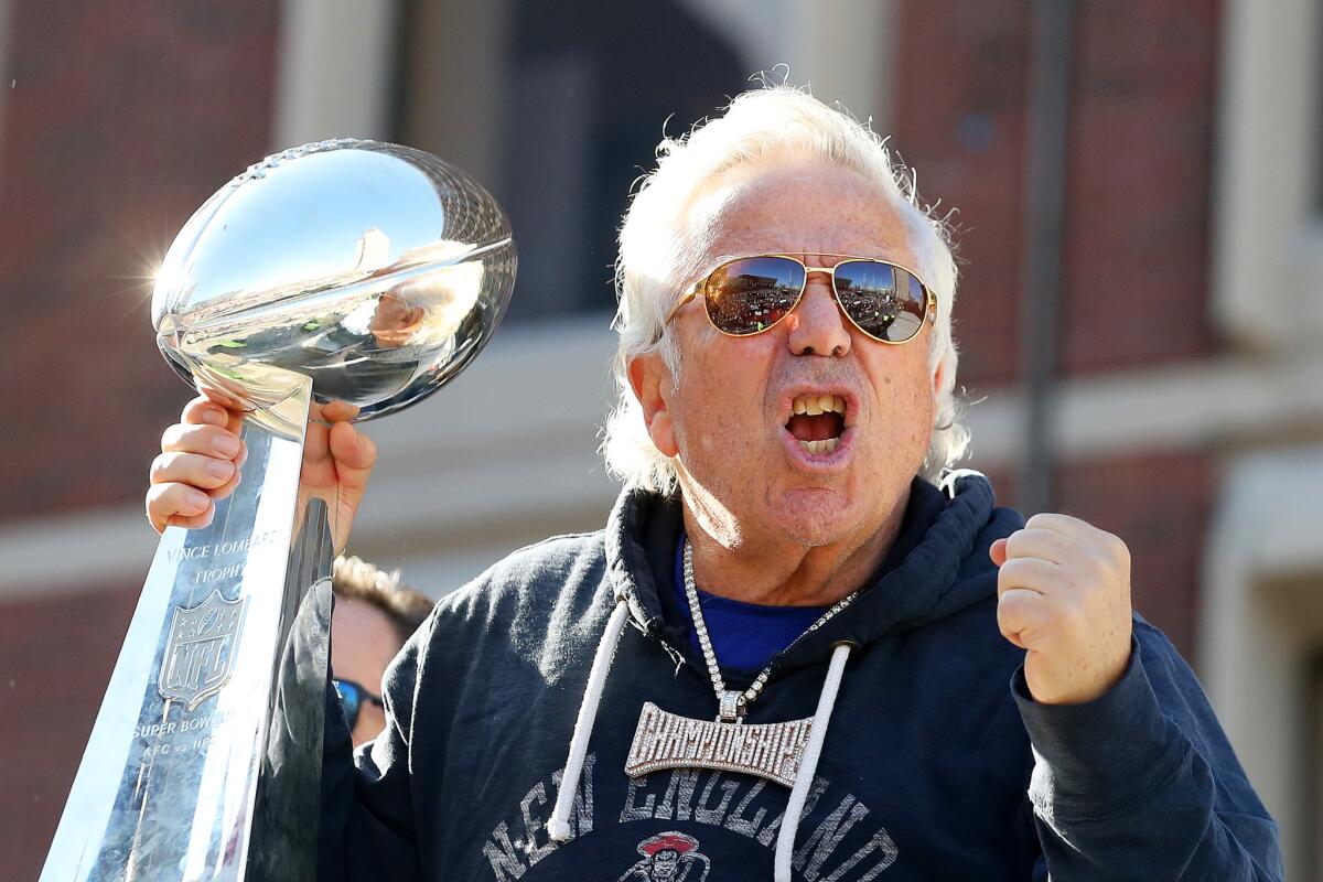 Patriots owner Robert Kraft celebrates on Cambridge street during the New England Patriots Victory Parade on February 05, 2019 in Boston, Massachusetts.