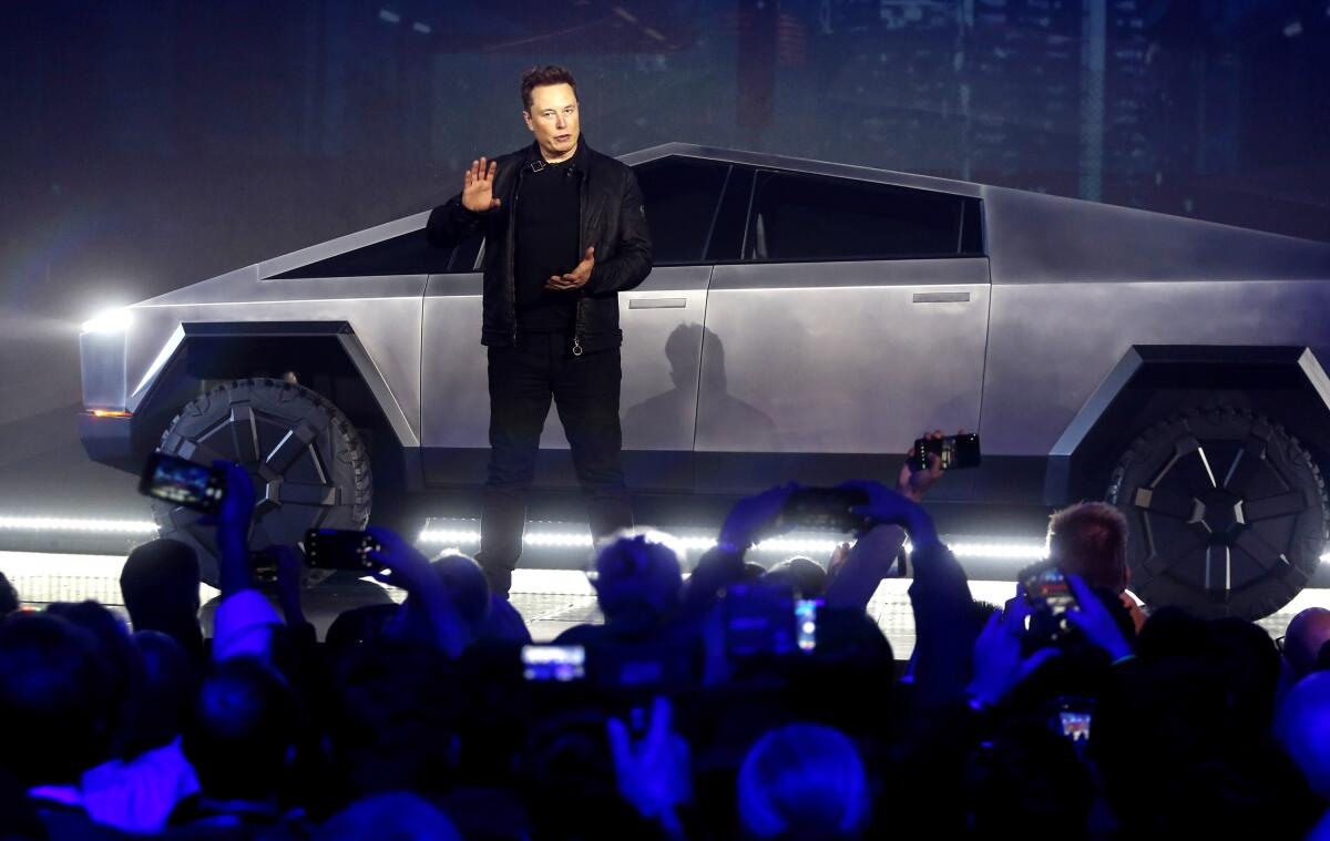 Tesla Chief Executive Elon Musk introduces the company's Cybertruck in 2019. 