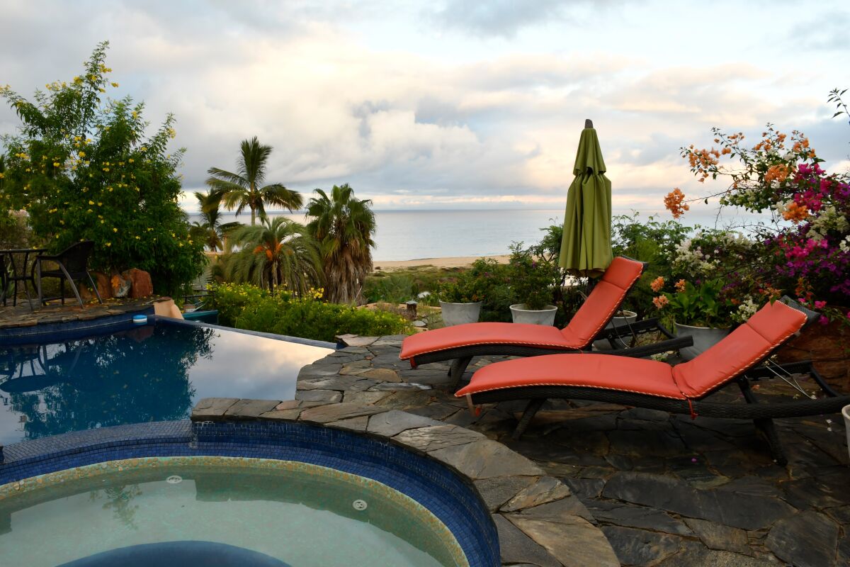 The pool at Los Colibris Casitas in Todos Santos overlooks the sea.