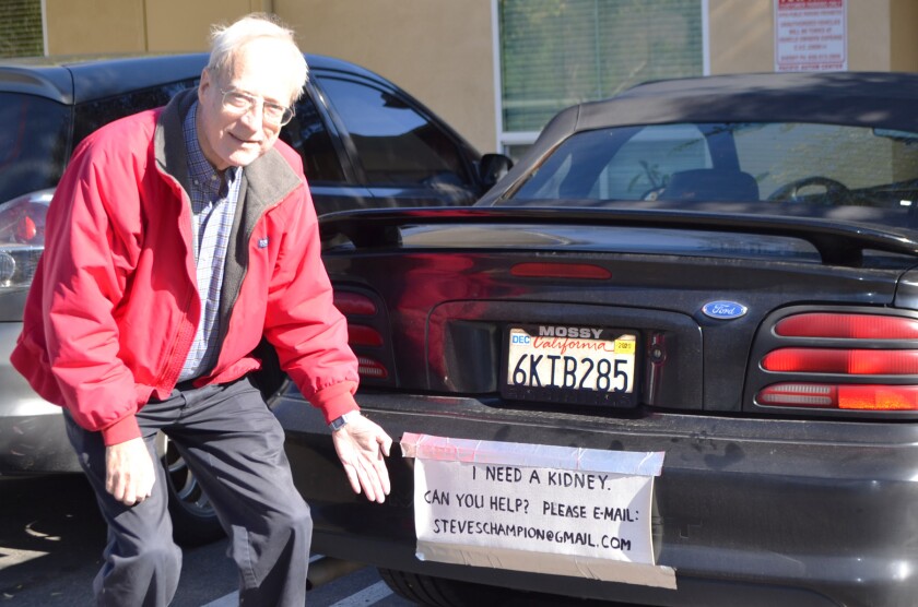 Rancho Bernardo resident Steve Smiley has placed a sign on the back of his car, announcing his need for a kidney donor.