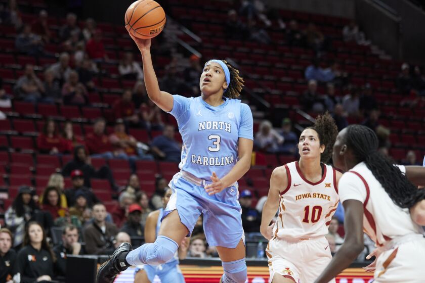 North Carolina guard Kennedy Todd-Williams shoots in front of Iowa State center Stephanie Soares (10) during the first half of an NCAA college basketball game in the Phil Knight Invitational tournament in Portland, Ore., Sunday, Nov. 27, 2022. (AP Photo/Craig Mitchelldyer)