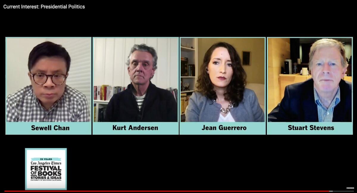 Kurt Andersen, Jean Guerrero, and Stuart Stevens on a Zoom screen with L.A. Times’ Editorial Page Editor Sewell Chan.