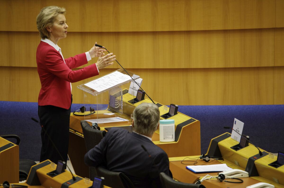 European Commission President Ursula von der Leyen addresses the European Parliament in Brussels on May 27, 2020.