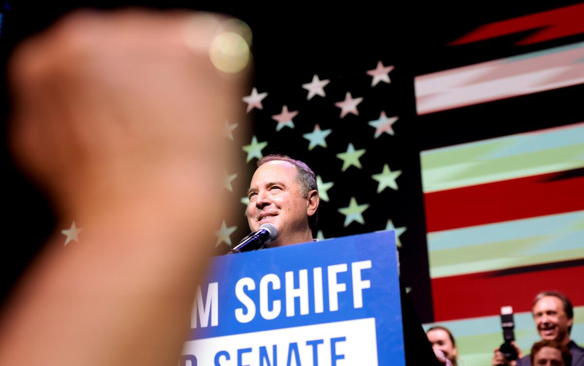 Adam Schiff speaks to the crowd during his election night party in Los Angeles on March 5. 