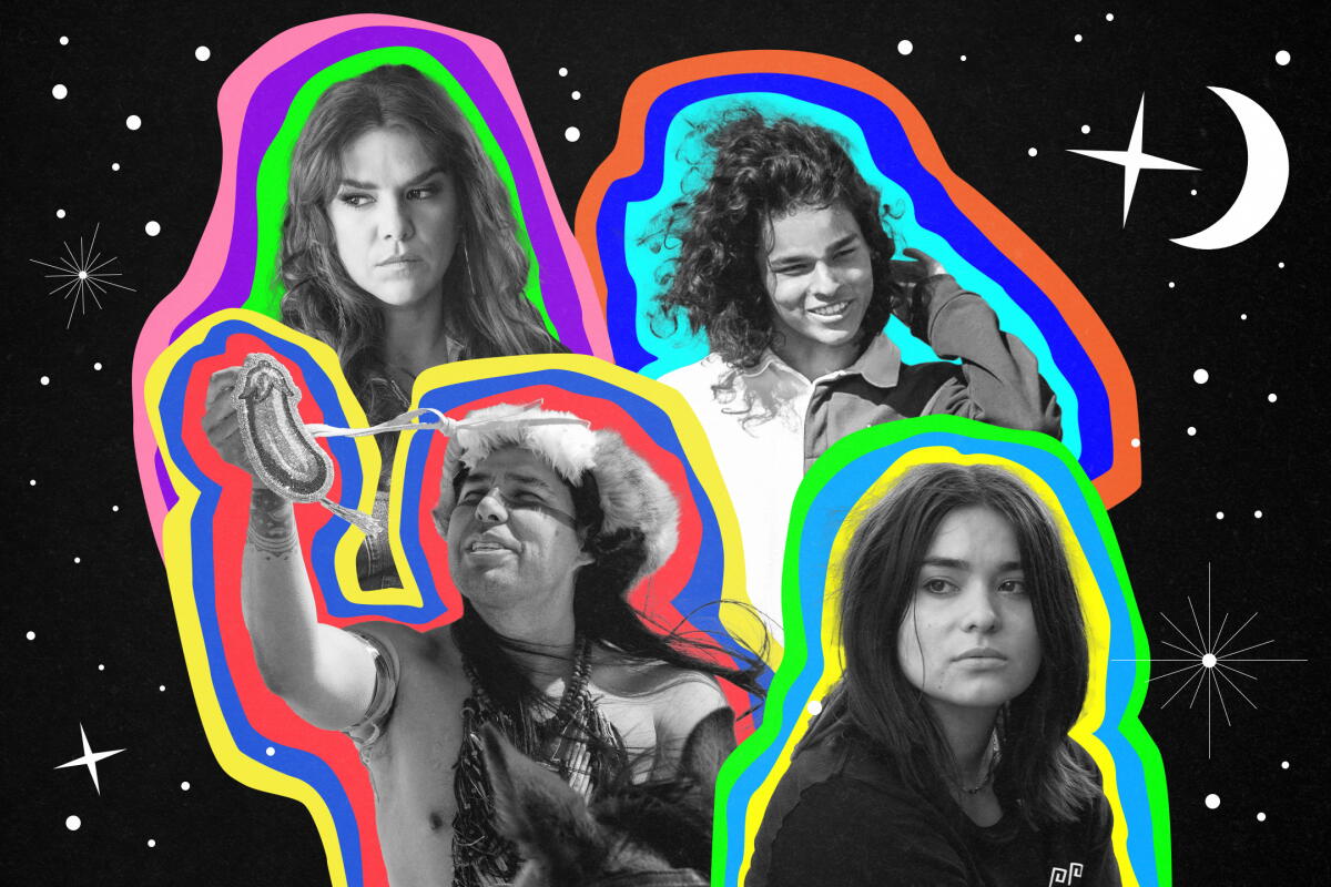A photo collage of four Native actors within colorful outlines against a night-sky background.