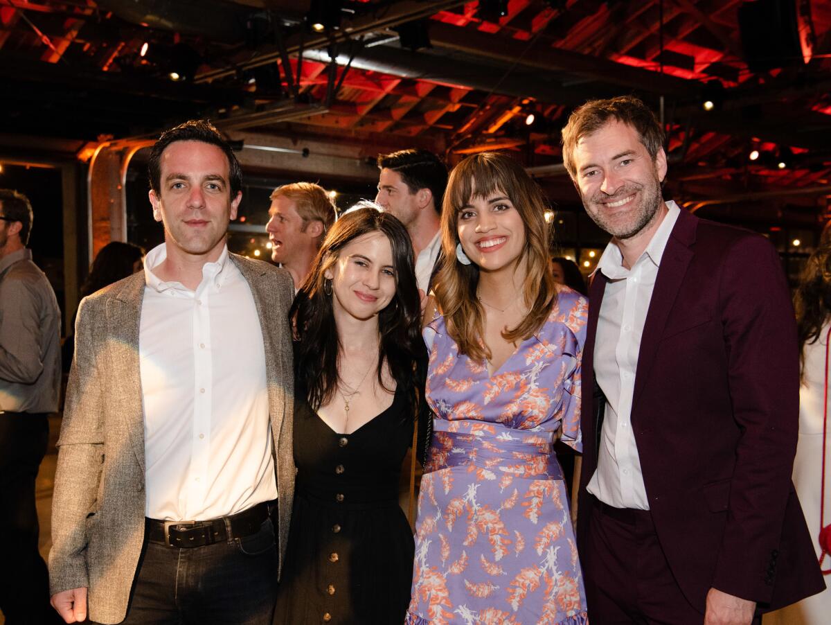 B.J. Novak, from left, Zara Lisbon, Natalie Morales and Mark Duplass at the Young Literati's Toast event to benefit the Los Angeles Public Library. The event was at City Market Social House in Los Angeles on Saturday.