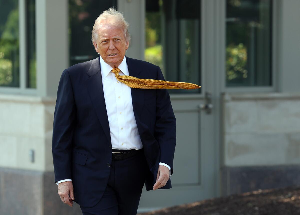 A man in a dark suit and wind-blown gold-colored tie