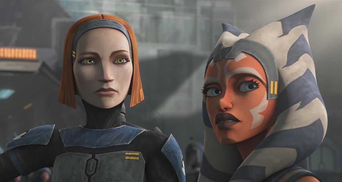 Bo-Katan Kryze, left, and Ahsoka Tano in “Star Wars: The Clone Wars.”