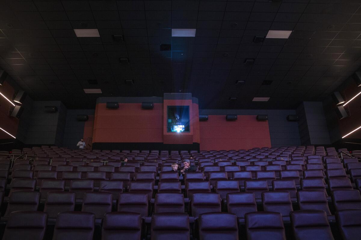 A boy and his father are just two of eight people in a movie theater.