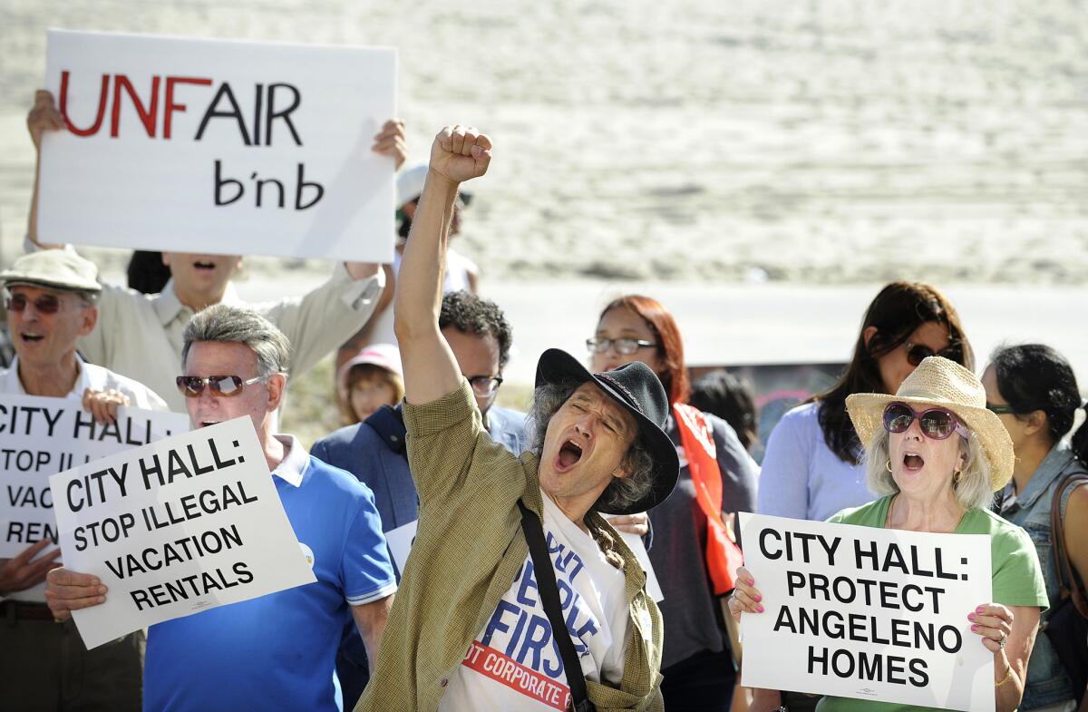 Protests of Airbnb, like this one on the Venice boardwalk last year, have focused on affordable housing and zoning. Now Airbnb is addressing another issue: discrimination.